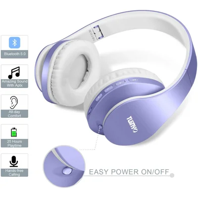 TUINYO Wireless Headphone Over Ear,Bluetooth Headphones with Microphone,Foldable Stereo Wireless Headset for Travel Work TV PC Cellphone-Purple