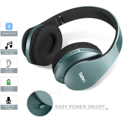 TUINYO Wireless Headphone Over Ear, Bluetooth Headphones with Microphone, Foldable Stereo Wireless Headset- Silver Blue