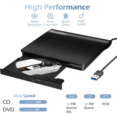 External CD Drive USB 3.0 Portable CD DVD +/-RW Drive DVD/CD ROM Rewriter Burner Writer Compatible with Laptop Desktop PC Windows Mac Pro MacBook