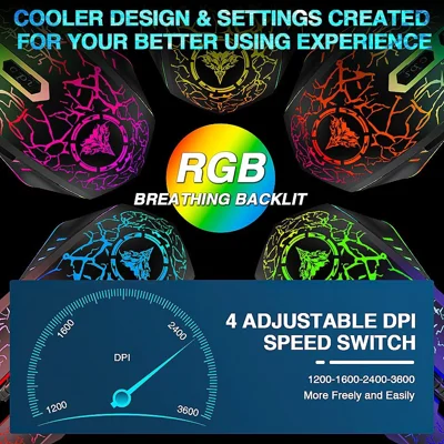 BENGOO Gaming Mouse Wired, USB Optical Computer Mice with RGB Backlit, 4 Adjustable DPI Up to 3600, Ergonomic Gamer Laptop PC Mouse with 6 Programma