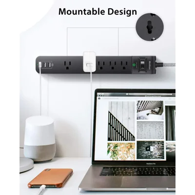 2 Pack Power Strip Surge Protector - 5 Widely Spaced Outlets 3 USB Charging Ports, 1875W/15A with 6Ft Braided Extension Cord, Flat Plug