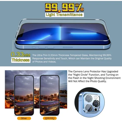 QHOHQ 3 Pack Screen Protector Compatible for iPhone 13 Pro Max 6.7" with 3 Pack Camera Lens Protector, Ultra HD Full Screen Tempered Glass, 9H Hardn