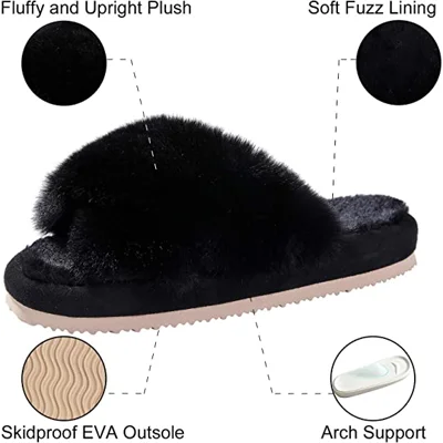 Women's Soft Plush Lightweight House Slippers Fuzzy Cross Band Slip on Open Toe Cozy Indoor Outdoor Slippers