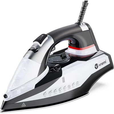 Vremi 1800 Watt Steam Iron for Clothes - Nonstick Ceramic Sole Plate, 350 mL Water Tank, 8 Foot Power Cord, 3 Way Auto Shut Off and Self Cleaning Fu