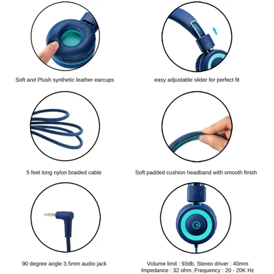 Kids Headphones - noot products K11 Foldable Stereo Tangle-Free 3.5mm Jack Wired Cord On-Ear Headset for Children (Navy/Teal)