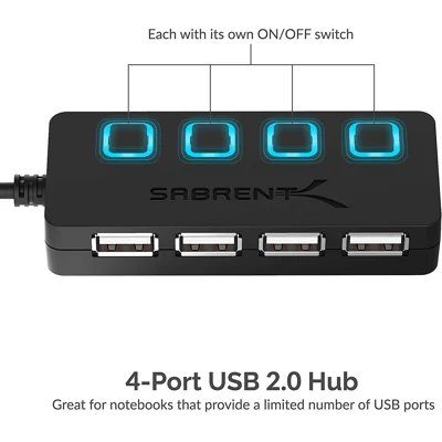 Sabrent 4-Port USB 2.0 Data Hub with Individual LED lit Power Switches [Charging NOT Supported] for Mac & PC (HB-UMLS)