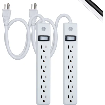 GE 6-Outlet Power Strip, 2 Pack, 2 Ft Extension Cord, Heavy Duty Plug, Grounded, Integrated Circuit Breaker, 3-Prong, Wall Mount, UL Listed, White,