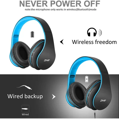 Bluetooth Headphone Over-Ear, Zihnic Foldable Wireless and Wired Stereo Headset Micro SD/TF, FM for Cell Phone,PC (Black/Blue)