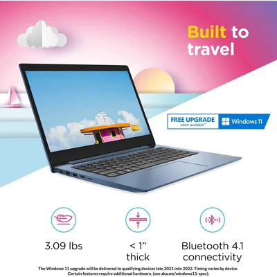 Lenovo IdeaPad 1 14 Laptop, 14.0" HD Display, Intel Celeron N4020, 4GB RAM, 64GB Storage,Laptops Intel UHD Graphics 600, Win 10 in S Mode,Ice Blue