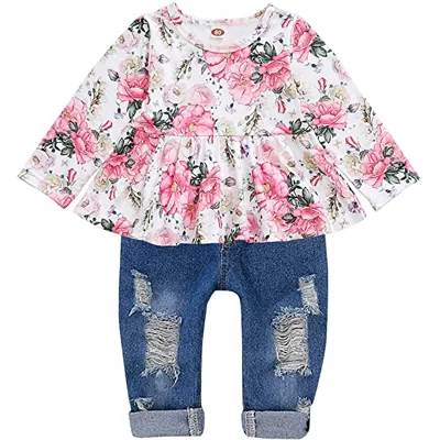 CARETOO Girls Clothes Outfits , Cute Baby Girl Floral Long Sleeve Pant Set Flower