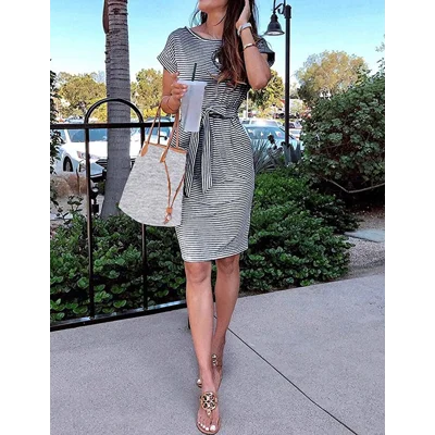 MEROKEETY Women's Summer Striped Short Sleeve T Shirt Dress Casual Tie Waist Midi Dress