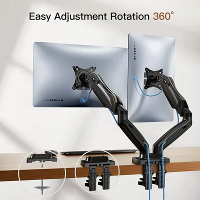 HUANUO Dual Monitor Stand, Adjustable Spring Monitor Desk Mount Swivel Bracket with C Clamp/Grommet Mounting Base for 17 to 27 Inch