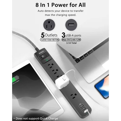 2 Pack Power Strip Surge Protector - 5 Widely Spaced Outlets 3 USB Charging Ports, 1875W/15A with 6Ft Braided Extension Cord, Flat Plug