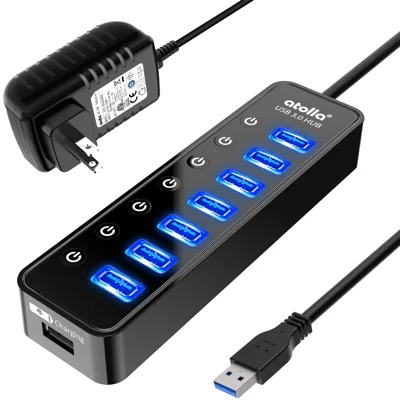 Powered USB Hub 3.0, Atolla 7-Port USB Data Hub Splitter with One Smart Charging Port and Individual On/Off Switches and 5V/4A Power Adapter