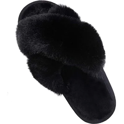 Women's Soft Plush Lightweight House Slippers Fuzzy Cross Band Slip on Open Toe Cozy Indoor Outdoor Slippers