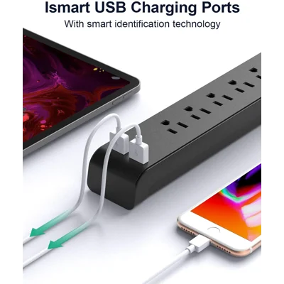 12FT Long Power Strip Surge Protector - with 6 Outlets 2 USB Ports, Heavy-Duty Braided Extension Cord, Flat Plug, 900 Joules, 15A Circuit Breaker, W