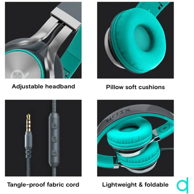 Artix CL750 Wired Headphones with Microphone and Volume Control, Foldable Headband for Computer, Laptop & Cell Phone (Turquoise/Gray)