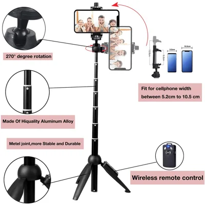 Portable 40 Inch Aluminum Alloy Selfie Stick Phone Tripod with Wireless Remote Shutter Compatible with iPhone 13 12 11 pro Xs Max Xr X 8 7 6 Plus, A