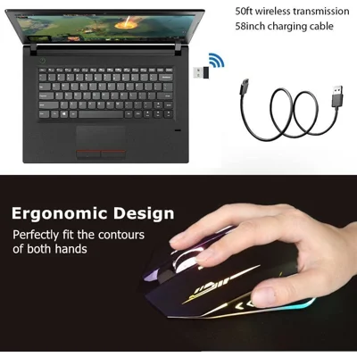 Wireless Gaming Mouse Up to 10000 DPI, UHURU Rechargeable USB Wireless Mouse with 6 Buttons 7 Changeable LED Color Ergonomic Programmable MMO RPG fo