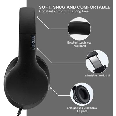 LORELEI X6 Over-Ear Headphone with Microphone, Lightweight Foldable & Portable Stereo Bass Headphones Wired Headphones (Space Black)