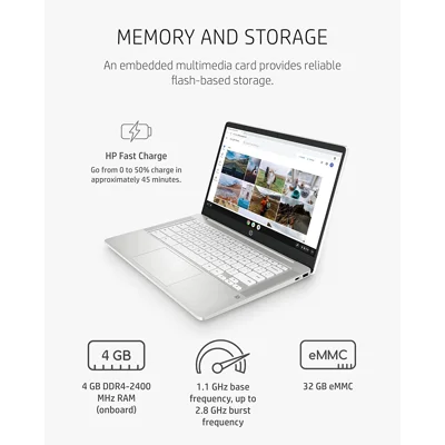 HP Chromebook 14 Laptop Intel Celeron N4020, 4 GB RAM, 32 GB eMMC, 14” HD Micro-Edge Display, Chrome OS, Thin & Portable, 4K Graphics, Snow White