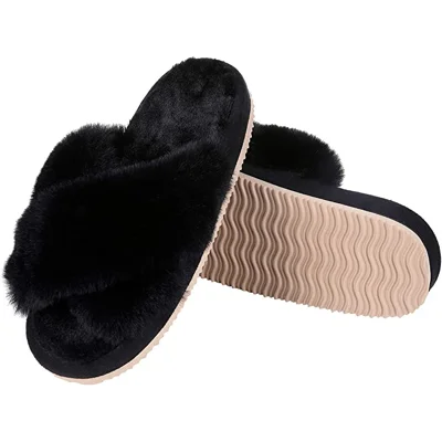Women's Soft Plush Lightweight House Slippers Fuzzy Cross Band Slip on Open Toe Cozy Indoor Outdoor Slippers