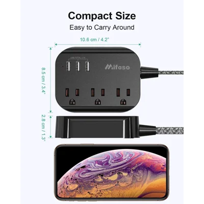 Power Strip with USB, Mountable Flat Plug Power Strip with 3 Outlets 3 USB Ports(Smart 3.1A), 5ft Braided Extension Cord, Compact for Cruise Ship, T