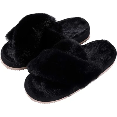 Women's Soft Plush Lightweight House Slippers Fuzzy Cross Band Slip on Open Toe Cozy Indoor Outdoor Slippers