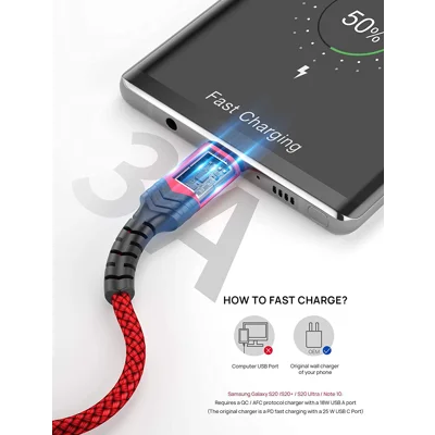 USB Type C Cable 3A Fast Charging [2-Pack 6.6ft], JSAUX USB-A to USB-C Charge Braided Cord Compatible with Samsung Galaxy S10 S9 S8 S20 Plus A51 A11