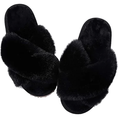 Women's Soft Plush Lightweight House Slippers Fuzzy Cross Band Slip on Open Toe Cozy Indoor Outdoor Slippers