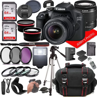 Canon EOS 2000D (Rebel T7) DSLR Photo Camera w/Canon EF-S 18-55mm F/3.5-5.6 Zoom Lens + Case + 128..