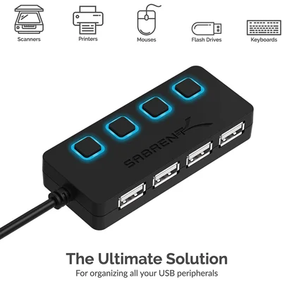 Sabrent 4-Port USB 2.0 Data Hub with Individual LED lit Power Switches [Charging NOT Supported] for Mac & PC (HB-UMLS)