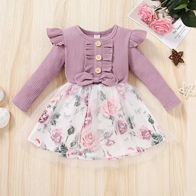Baby Girl Dresses Ruffle Long Sleeve Bow Tops Splicing Floral Princess Tutu Skirts Toddler Girls Clothes Cute Fall Outfits