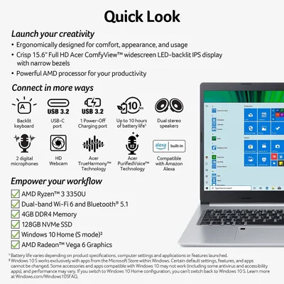 Acer Aspire 5 A515-46-R14K Slim Laptop | 15.6" Full HD IPS | AMD Ryzen 3 3350U Quad-Core Mobile Processor | 4GB DDR4 | 128GB Laptops NVMe SSD | WiFi 6