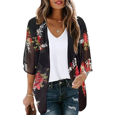 Women's Floral Print Puff Sleeve Kimono Cardigan Loose Cover Up Casual Blouse Tops