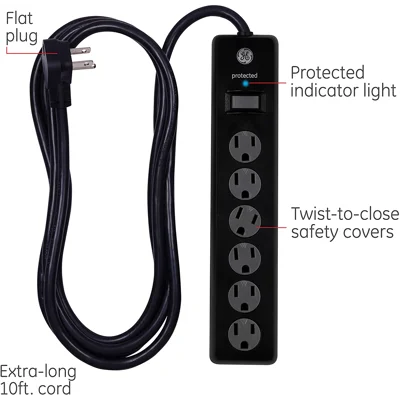 GE 6-Outlet Surge Protector, 10 Ft Extension Cord, Power Strip, 600 Joules, Twist-to-Close Safety Covers, Protected Indicator Light, UL Listed, Blac