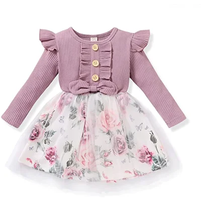 Baby Girl Dresses Ruffle Long Sleeve Bow Tops Splicing Floral Princess Tutu Skirts Toddler Girls C..