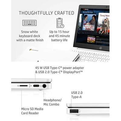 HP Chromebook 11-inch Laptop - Up to 15 Hour Battery Life MediaTek MT8183 - 4 GB RAM - 32 GB eMMC Storage -11.6-inch HD Display 2020 Model,Snow White)
