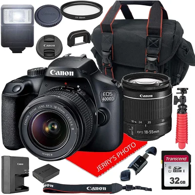 Canon EOS 4000D DSLR Photo Camera w/Canon EF-S 18-55mm F/3.5-5.6 III Zoom Lens + Case + 32GB SD Card