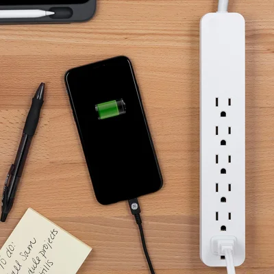 GE Pro 6-Outlet Surge Protector, 2 Ft Extension Cord, 620 Joules, Power Strip, Flat Plug, Integrated Circuit Breaker, Wall Mount, UL Listed, White,