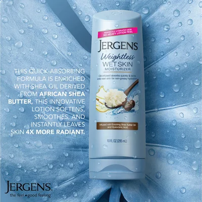 Jergens Wet Skin Body Moisturizer with Shea Butter Oil, Pure Shea Butter In Shower Lotion, Moisturizer for Dry Skin, Fast-Absorbing, Non-Sticky, 10