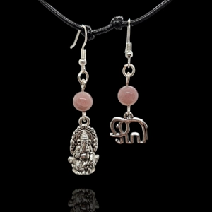 Ganesha & Elephant Mixed Pair Rose Quartz Earrings