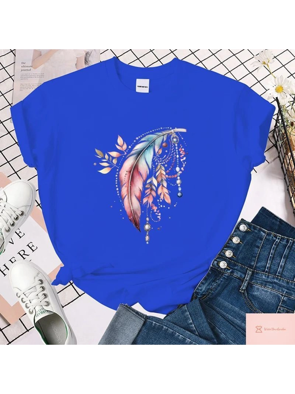 Feather Print Casual T-Shirts for Women