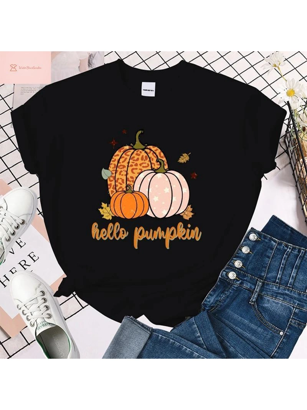 Womens Pumpkin Print Short Sleeve T-Shirt