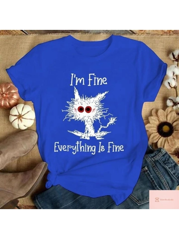 **Casual Cat Print Round Neck Tee**