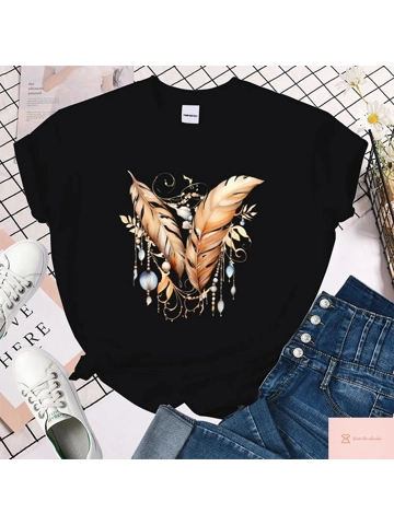 Feather Print Casual Summer T-Shirt for Women