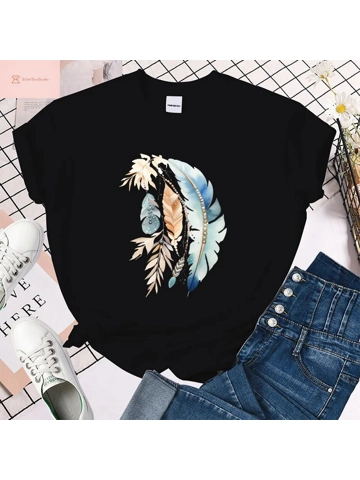 Feather Print Womens Summer T-Shirt