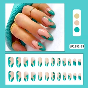 Green Gold Tips Oval Press On Nails JP1981-B3