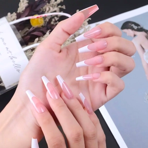 White French Tips Long Press On Nails