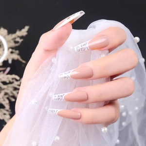 French Tips Long Pattern Press On Nails